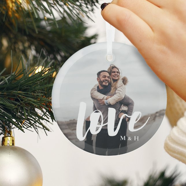 Love Script Overlay Personalized Couples Photo Glass Ornament (Creator Uploaded)