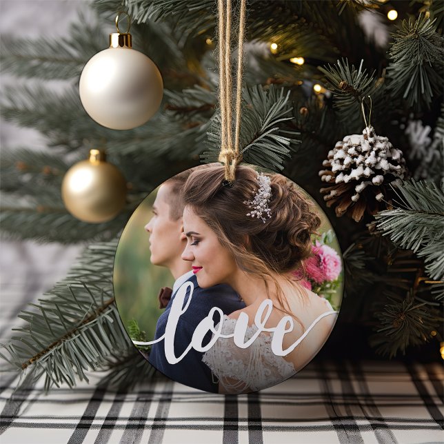 Love Script Overlay Photo Ceramic Ornament (Creator Uploaded)