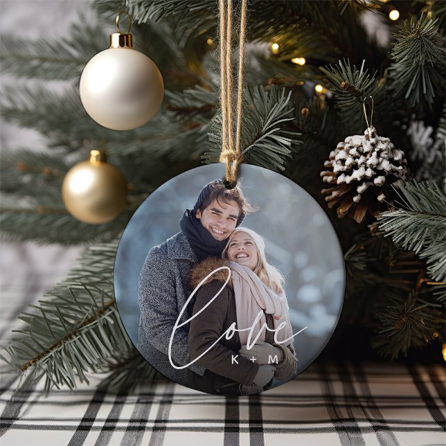 Love Script Overlay Photo & Initials Ceramic Ornament (Creator Uploaded)