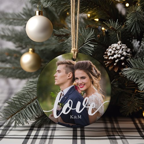 Love Script Overlay Photo  Initials Ceramic Ornament