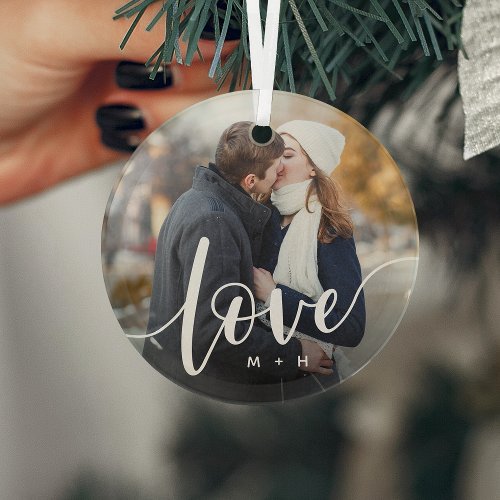 Love Script Overlay Photo  Initials Glass Ornament