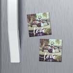 Love Script Overlay Photo Magnet<br><div class="desc">Share a favorite everyday,  engagement or wedding photo on our square magnets featuring "love" in modern white handwritten script along the bottom. Makes a unique wedding favor when paired with an engagement photo!</div>