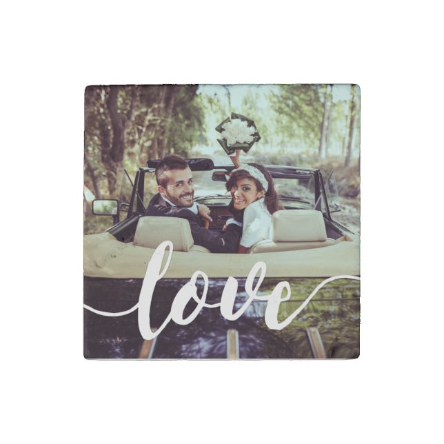 Love Script Overlay Photo Stone Magnet (Front)