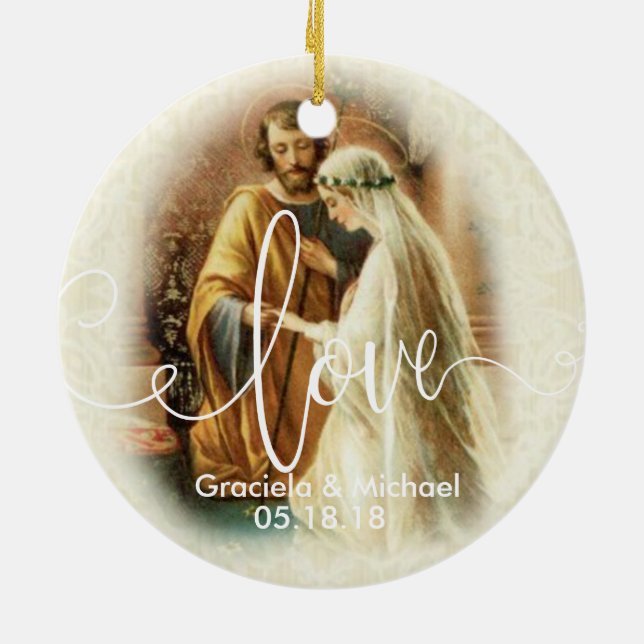 Love Script Overlay | Wedding Bride Groom Ceramic Ornament (Back)