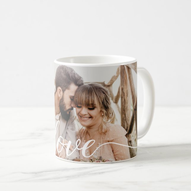 Love Script Personalized Wedding Photo Coffee Mug (Front Right)