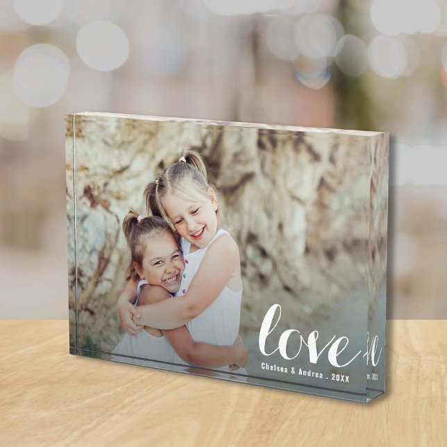 LOVE Script Photo Block (Pesonalized acrylic photo block is 5" x 7" and 1" thick, stands without support on flat surface.)