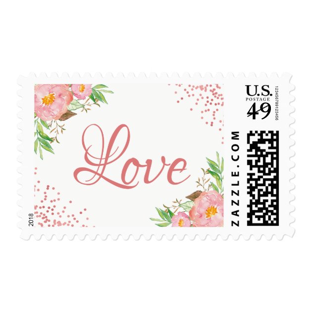 Love Script Watercolor Pink Floral Confetti Dots Postage