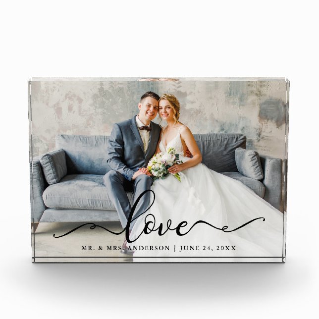 Love Script Wedding Bride and Groom Photo Block (Front)
