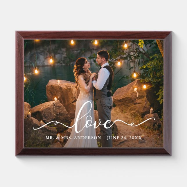 Love Script Wedding Photo Mr. and Mrs. Plaque (Horizontal)