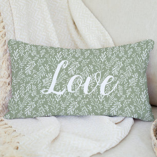 Love Script Whimsical Foliage Pattern Sage Green Lumbar Pillow