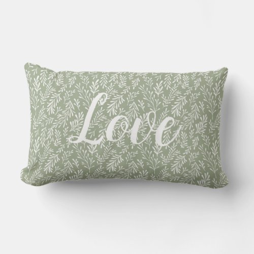 Love Script Whimsical Foliage Pattern Sage Green Lumbar Pillow