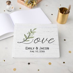 Love Script with Green Leaves on Whitewashed Wood Guest Book