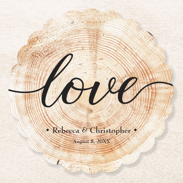 Love Script Wood Slice Rustic Wedding Custom Paper Coaster (Front)