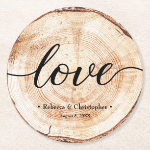Love Script Wood Slice Rustic Wedding Round Paper Coaster