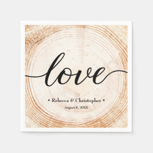 Love Script Wood Tree ring Slice Rustic Wedding Napkins
