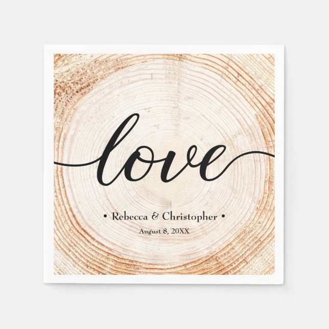 Love Script Wood Tree ring Slice Rustic Wedding  Napkins (Front)