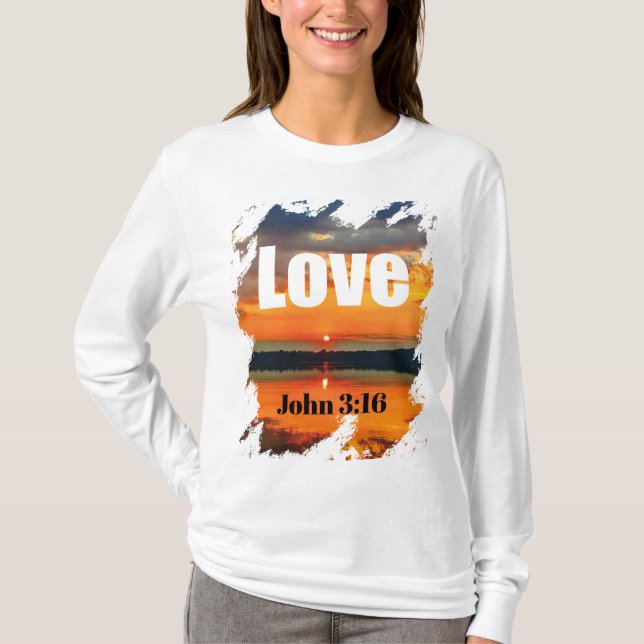 Love Scripture Glowing Sunset Over Water T-Shirt (Front)