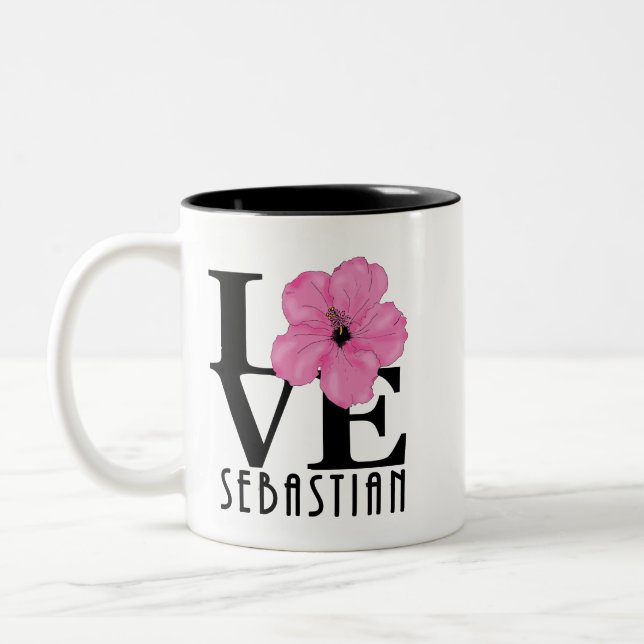 LOVE Sebastian 11oz pink hibiscus Two-Tone Coffee Mug (Left)