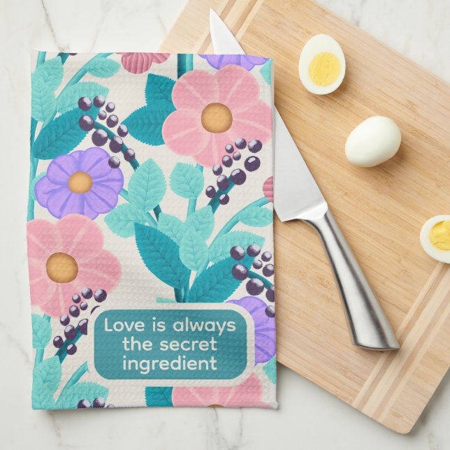 Love Secret Ingredient Pastel Floral Pattern Kitchen Towel (Quarter Fold)