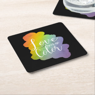 Love Sees No Color Quote Rainbow Black Square Paper Coaster