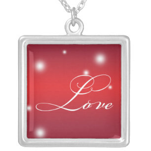 LOVE sentiment elegant script red glow keepsake Silver Plated Necklace