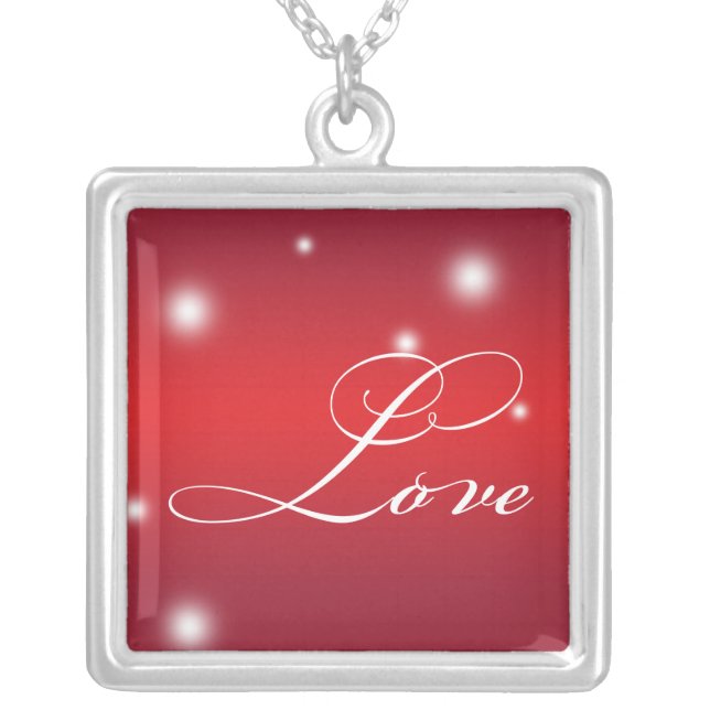 LOVE sentiment elegant script red glow keepsake Silver Plated Necklace (Front)