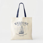 Love Sets Sail Nautical Style Custom Welcome Tote Bag<br><div class="desc">A unique set of custom tote bags tailored to your beach style or destination wedding. It features a welcome text followed by the name of the location or the person receiving the bag. Under this is a vintage style sailboat in the color navy. All elements of the side of our...</div>