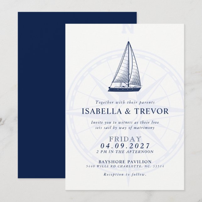 Love Sets Sail | Nautical Wedding Solid Navy Invitation (Front/Back)