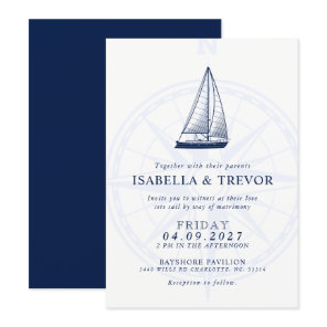 Love Sets Sail | Nautical Wedding Solid Navy Invitation