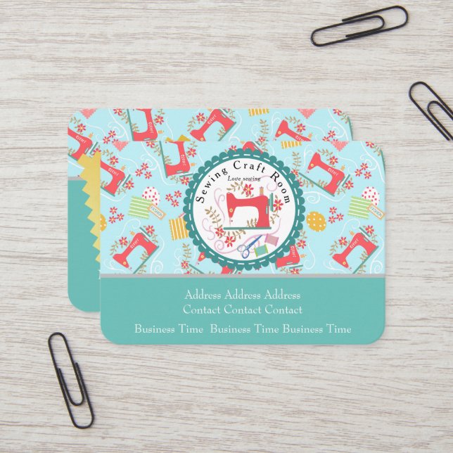 Love Sewing Cute Photo Blue Business Card (Front/Back In Situ)