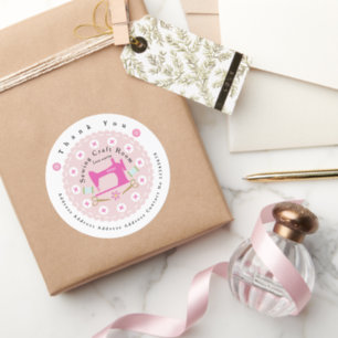 Love Sewing Cute Pink Business Address  Classic Round Sticker