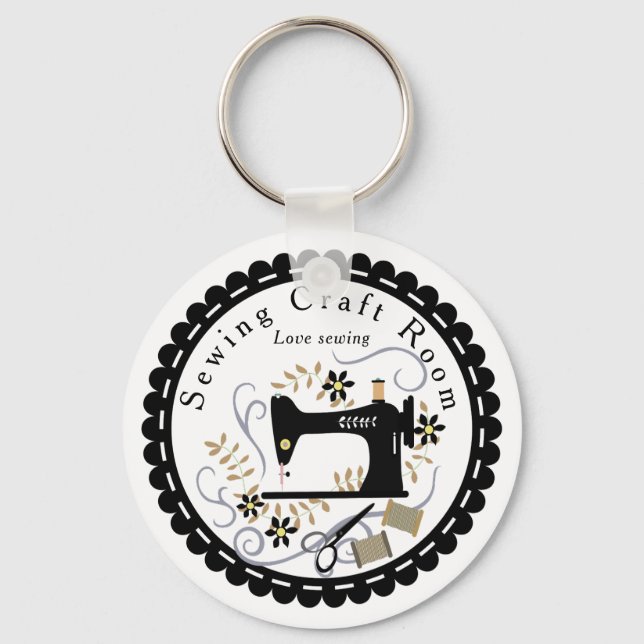 Love Sewing Machine Black White Keychain (Front)