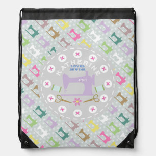 Love Sewing Machine Pastel Grey Drawstring Bag