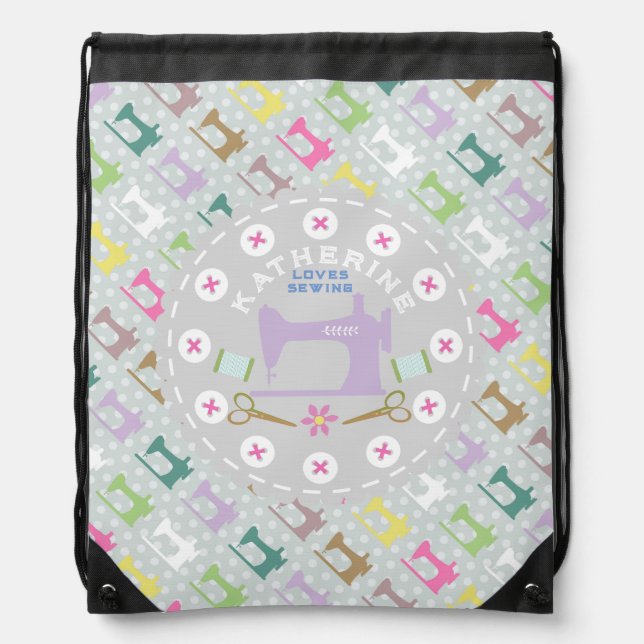 Love Sewing Machine Pastel Grey Drawstring Bag (Front)