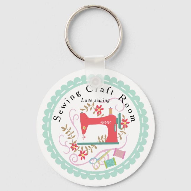 Love Sewing Machine. Personalized. Blue. Keychain (Front)