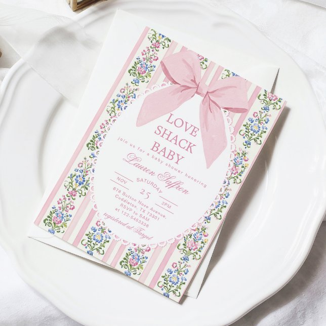 Love Shack Baby Pink Bow Floral Baby Shower Invitation (Creator Uploaded)