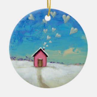 Love shack cabin fun romantic art Staying Warm Ceramic Ornament
