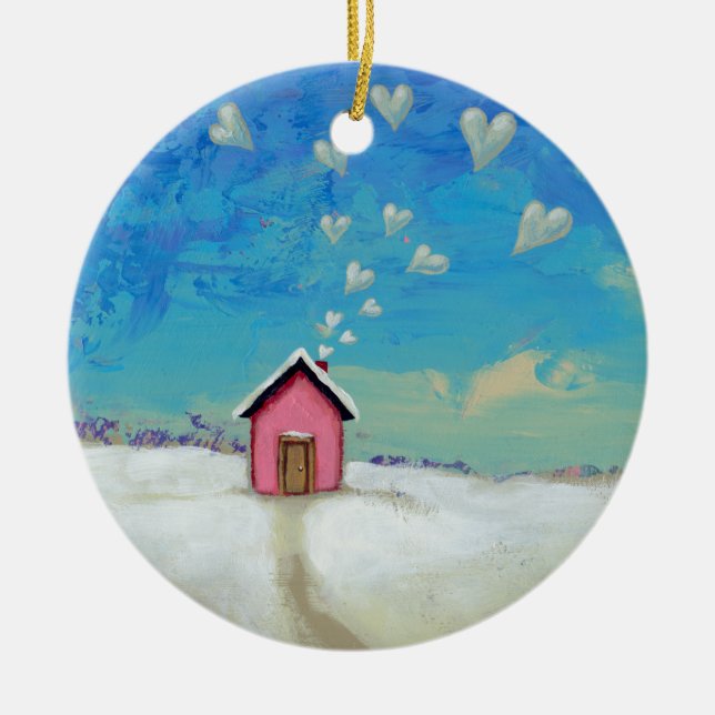 Love shack cabin fun romantic art Staying Warm Ceramic Ornament (Front)