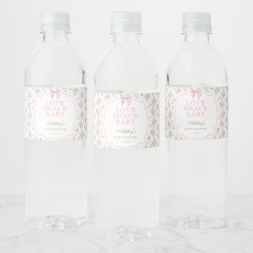 Love Shack Coquette Pink Bow Girl Baby Shower Water Bottle Label