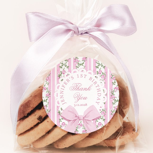 Love Shack Fancy One Floral Coquette Bow Birthday Classic Round Sticker (Creator Uploaded)