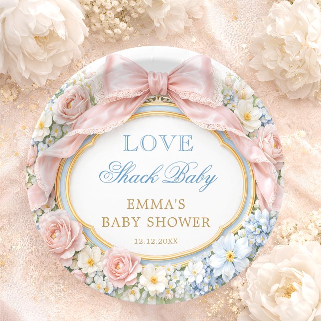 Love Shack Floral Pink Bow Girl Baby Shower Paper Plates (Creator Uploaded)