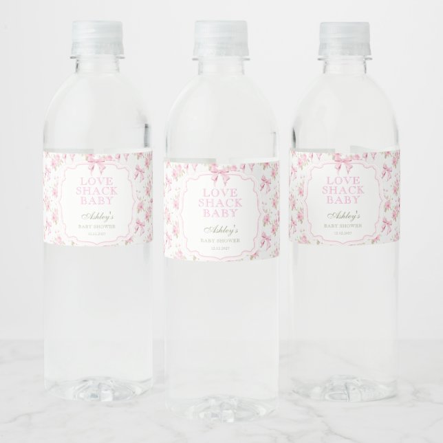 Love Shack Pink Bow Girl Baby Shower Water Bottle Label (Bottles)