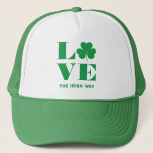 Love Shamrock Clover Irish Custom Text Green White Trucker Hat