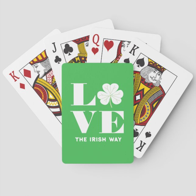Love Shamrock Clover Irish Green White Custom Text Poker Cards (Back)
