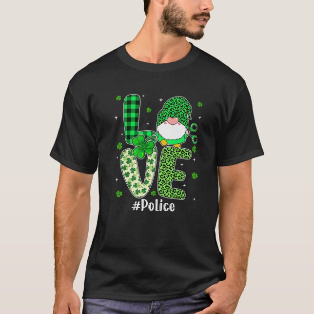 LOVE Shamrock Leopard Plaid St Pattys Day Police G T-Shirt (Front)