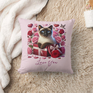 Love Siamese Cat Roses and Hearts Throw Pillow