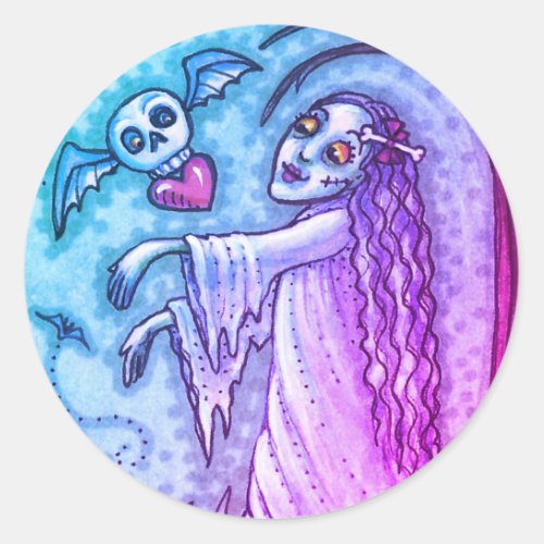 LOVE SICK GIRL ZOMBIE FOLLOWING HER HEART WHIMSY CLASSIC ROUND STICKER
