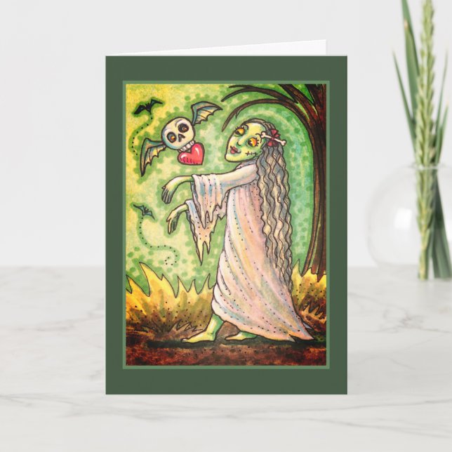 LOVE SICK GIRL ZOMBIE FOLLOWING HER HEART, WHIMSY HOLIDAY CARD (Front)
