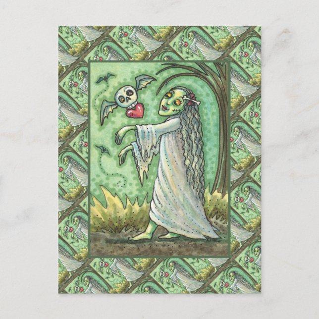 LOVE SICK GIRL ZOMBIE FOLLOWING HER HEART, WHIMSY HOLIDAY POSTCARD (Front)