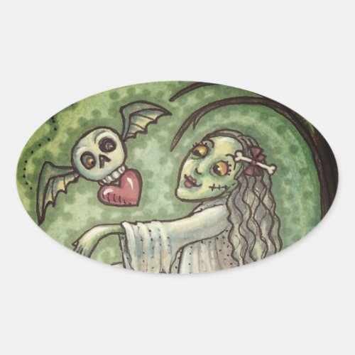 LOVE SICK GIRL ZOMBIE FOLLOWING HER HEART WHIMSY OVAL STICKER
